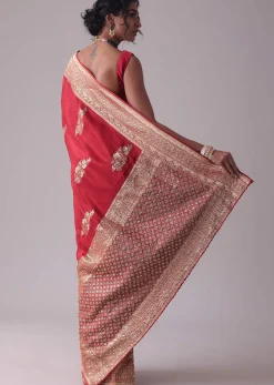 Chilli Pepper Red Embroidered Saree In Dola Silk