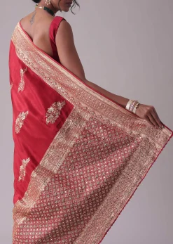 Chilli Pepper Red Embroidered Saree In Dola Silk