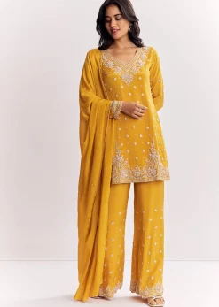 Chinon Kurta Palazzo Suit With Cutdana Sequins And Thread Work