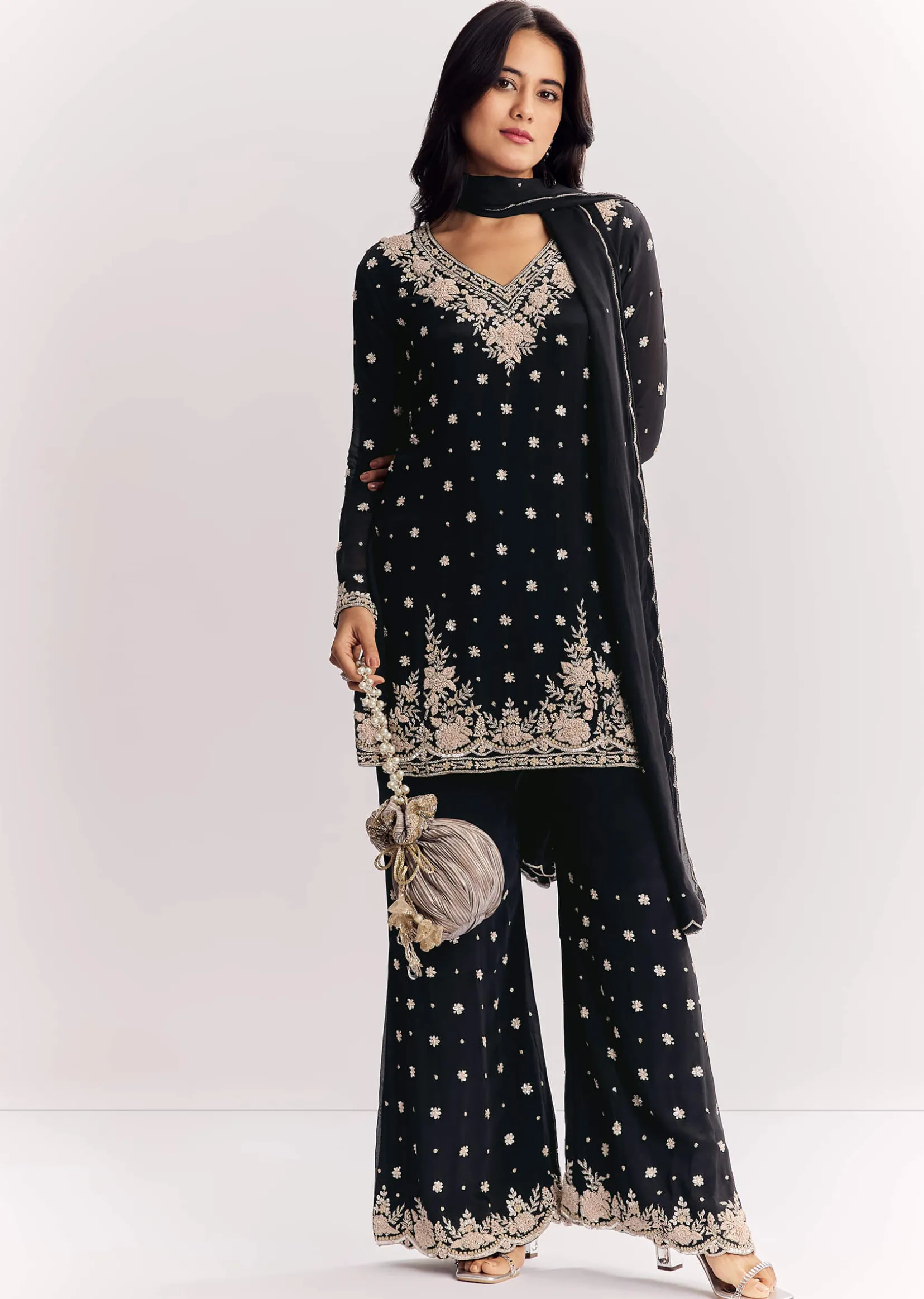 Chinon Kurta Sharara Suit With Cutdana Sequins And Thread Embroidery