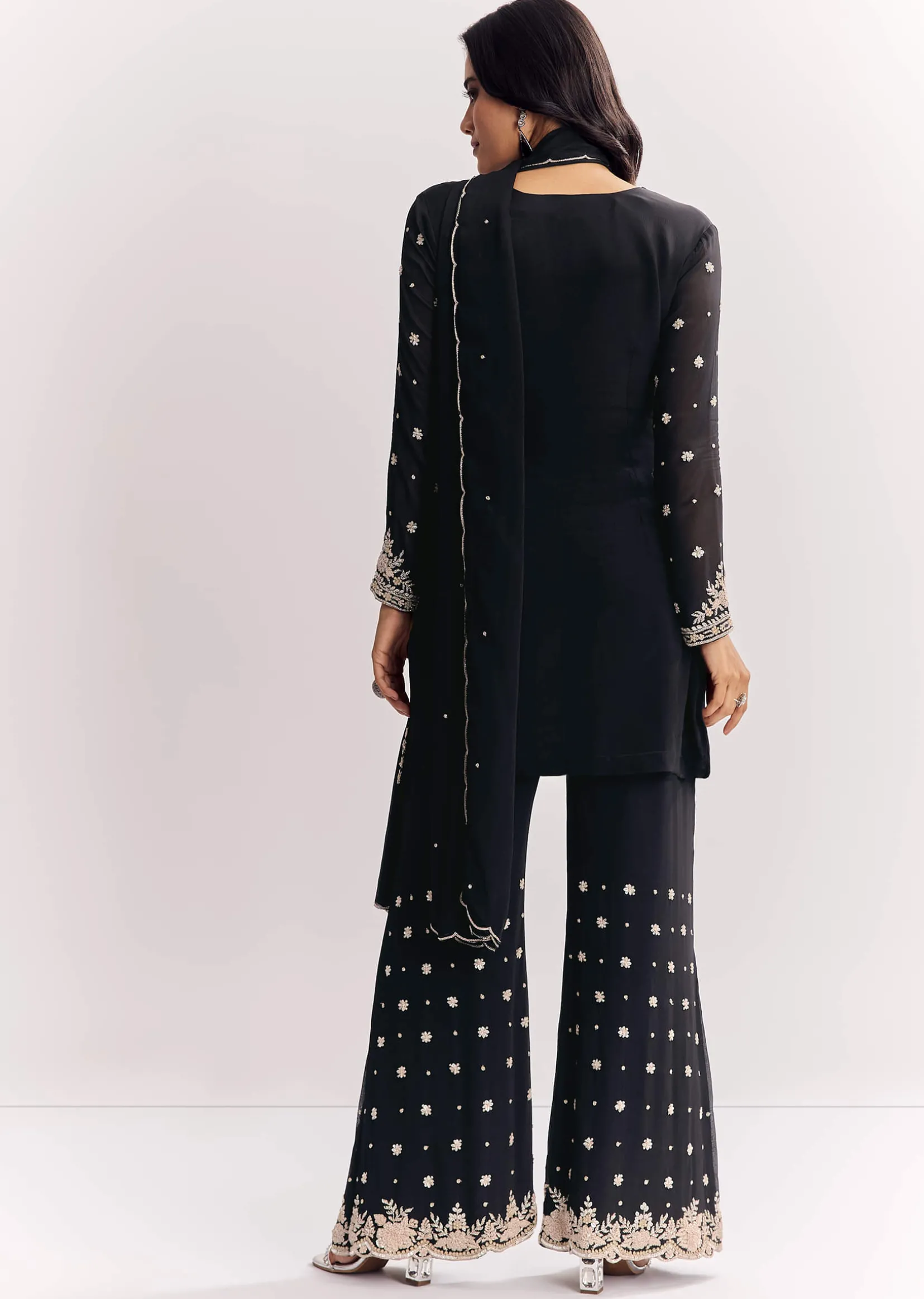 Chinon Kurta Sharara Suit With Cutdana Sequins And Thread Embroidery