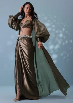 Chocolate Brown Indowestern Skirt Set With Jacket In Milano Organza
