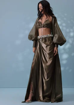 Chocolate Brown Indowestern Skirt Set With Jacket In Milano Organza