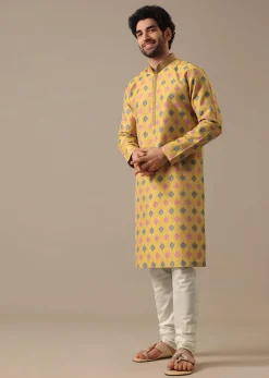 Chrome Yellow Embroidered Kurta Set in Jacquard