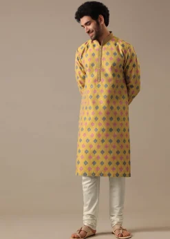 Chrome Yellow Embroidered Kurta Set in Jacquard