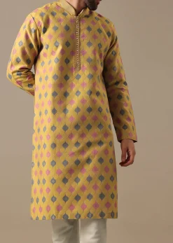 Chrome Yellow Embroidered Kurta Set in Jacquard