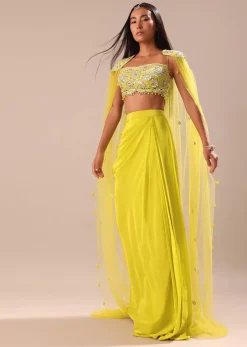 Citrus Green Draped Skirt With Embroidered Blouse And Cape
