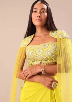 Citrus Green Draped Skirt With Embroidered Blouse And Cape