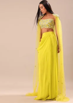 Citrus Green Draped Skirt With Embroidered Blouse And Cape