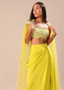 Citrus Green Draped Skirt With Embroidered Blouse And Cape