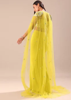 Citrus Green Draped Skirt With Embroidered Blouse And Cape