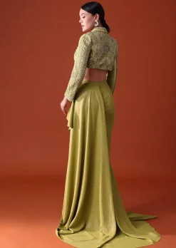 Citrus Green Draped Slit Skirt With Embroidered Short Jacket