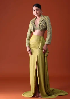 Citrus Green Draped Slit Skirt With Embroidered Short Jacket