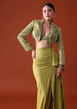Citrus Green Draped Slit Skirt With Embroidered Short Jacket