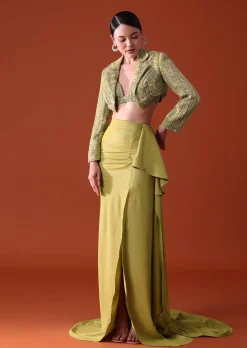 Citrus Green Draped Slit Skirt With Embroidered Short Jacket