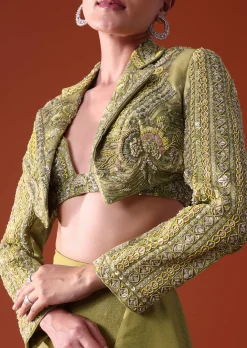 Citrus Green Draped Slit Skirt With Embroidered Short Jacket