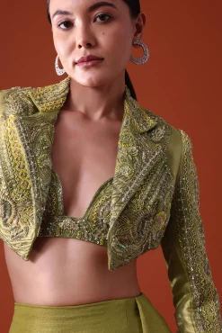 Citrus Green Draped Slit Skirt With Embroidered Short Jacket