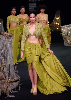Citrus Green Draped Slit Skirt With Embroidered Short Jacket