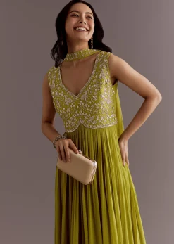 Citrus Green Embroidered Georgette Anarkali With Choker Dupatta