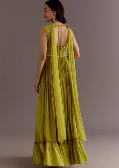 Citrus Green Embroidered Georgette Anarkali With Choker Dupatta