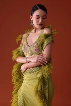 Citrus Green Feathered Dhoti Skirt And Blouse Set