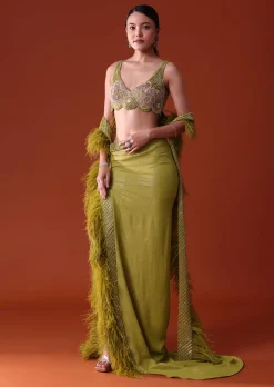 Citrus Green Feathered Dhoti Skirt And Blouse Set