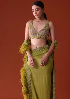 Citrus Green Feathered Dhoti Skirt And Blouse Set