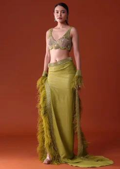 Citrus Green Feathered Dhoti Skirt And Blouse Set