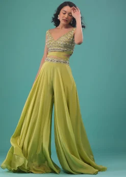 Citrus Green Flared Palazzo And A Crop Top Set, Crafted In Crepe With A Side Zip Closure