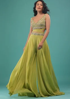 Citrus Green Flared Palazzo And A Crop Top Set, Crafted In Crepe With A Side Zip Closure