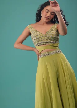 Citrus Green Flared Palazzo And A Crop Top Set, Crafted In Crepe With A Side Zip Closure