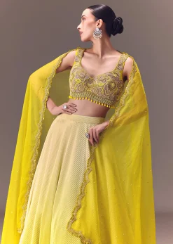 Citrus Green Ombre Crushed Lehenga Set With Organza Dupatta