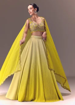 Citrus Green Ombre Crushed Lehenga Set With Organza Dupatta