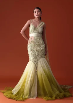 Citrus Green Ombre Fishcut Zardozi Gown Saree
