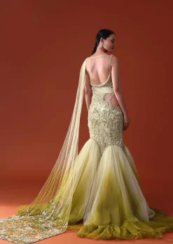 Citrus Green Ombre Fishcut Zardozi Gown Saree
