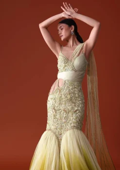 Citrus Green Ombre Fishcut Zardozi Gown Saree
