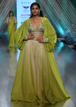 Citrus Green Palazzo Set With A Crop Top In Mirror Work Floral Embroidered Butttis