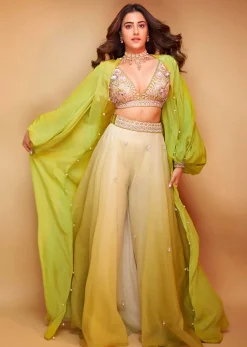 Citrus Green Palazzo Set With A Crop Top In Mirror Work Floral Embroidered Butttis