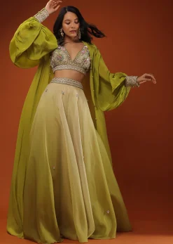 Citrus Green Palazzo Set With A Crop Top In Mirror Work Floral Embroidered Butttis
