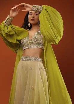 Citrus Green Palazzo Set With A Crop Top In Mirror Work Floral Embroidered Butttis