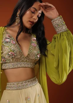 Citrus Green Palazzo Set With A Crop Top In Mirror Work Floral Embroidered Butttis