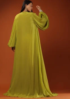 Citrus Green Palazzo Set With A Crop Top In Mirror Work Floral Embroidered Butttis
