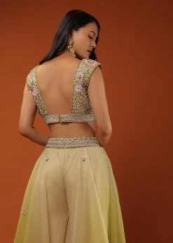 Citrus Green Palazzo Set With A Crop Top In Mirror Work Floral Embroidered Butttis