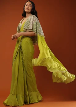 Citrus Green Pre Stitched Crepe Saree with Net Cape and V-Neck Crop Top