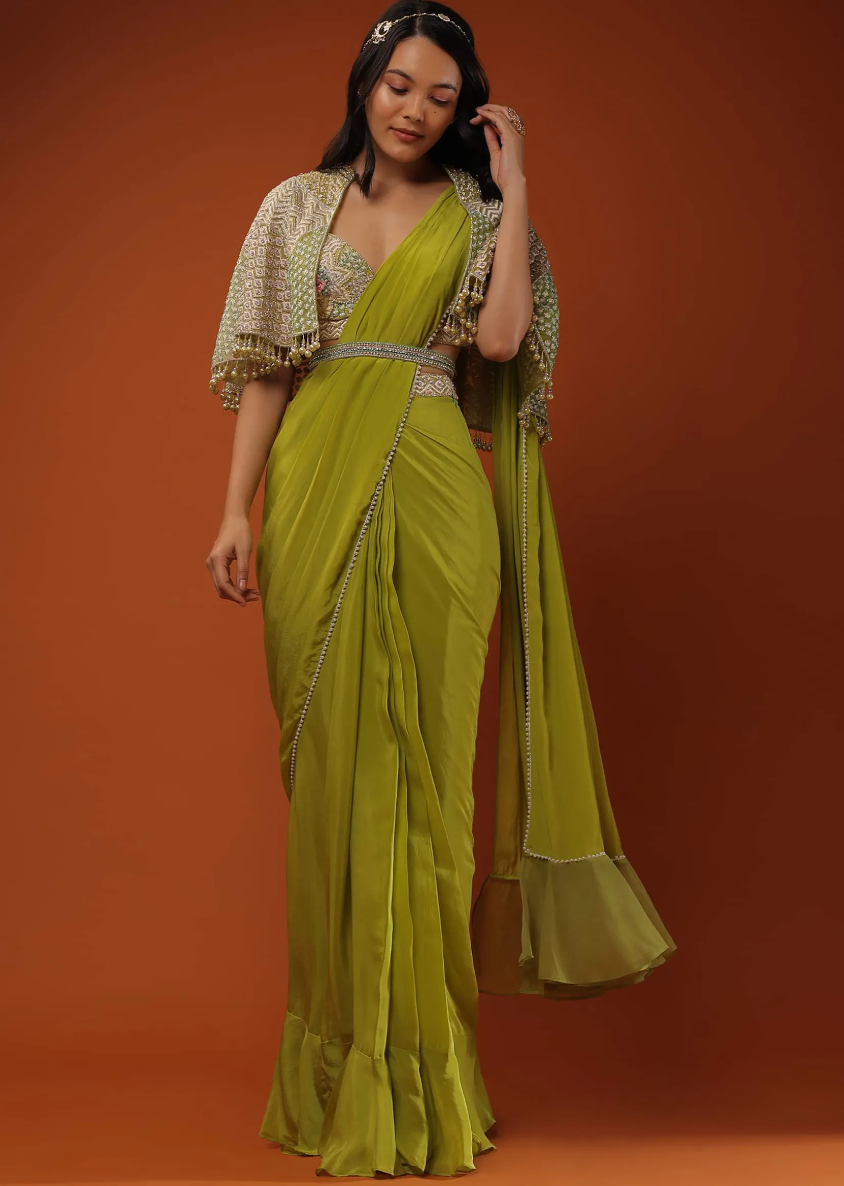 Citrus Green Pre Stitched Crepe Saree with Net Cape and V-Neck Crop Top
