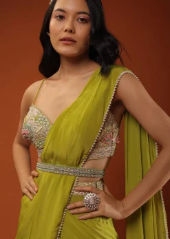 Citrus Green Pre Stitched Crepe Saree with Net Cape and V-Neck Crop Top