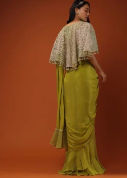 Citrus Green Pre Stitched Crepe Saree with Net Cape and V-Neck Crop Top