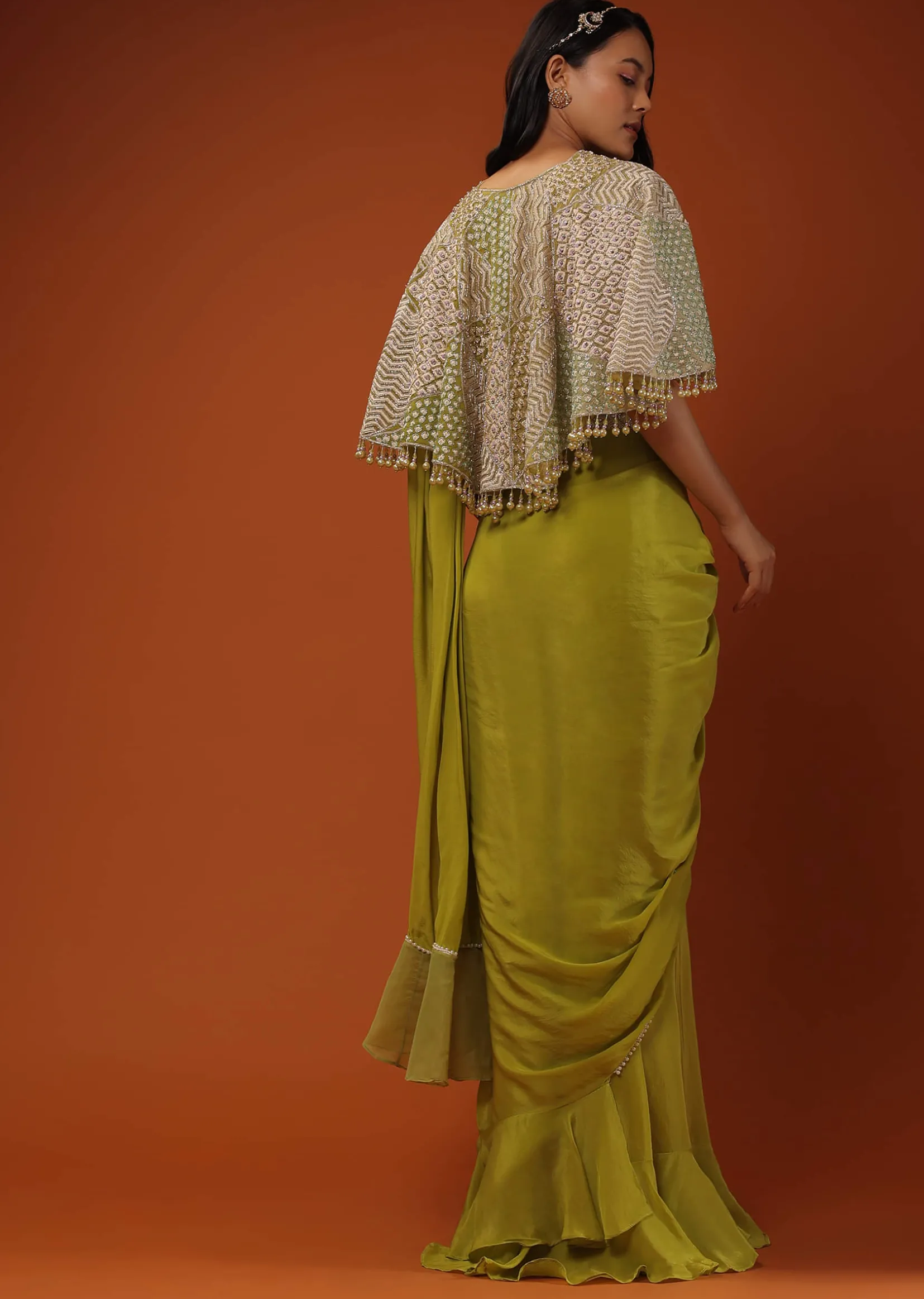 Citrus Green Pre Stitched Crepe Saree with Net Cape and V-Neck Crop Top