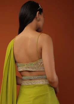 Citrus Green Pre Stitched Crepe Saree with Net Cape and V-Neck Crop Top