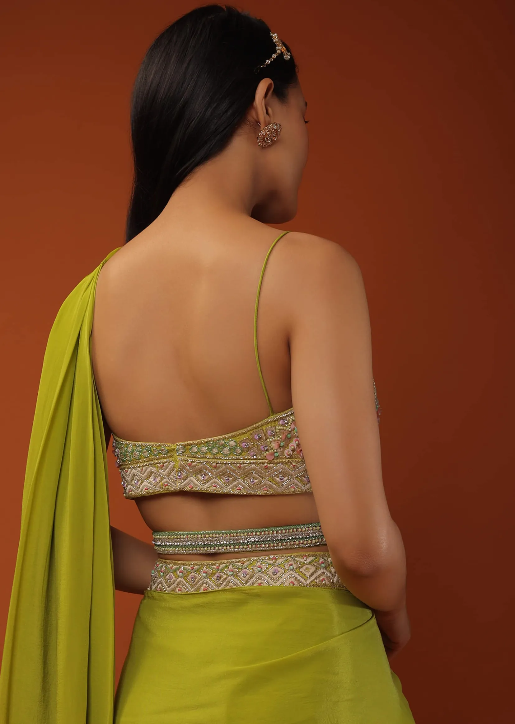 Citrus Green Pre Stitched Crepe Saree with Net Cape and V-Neck Crop Top